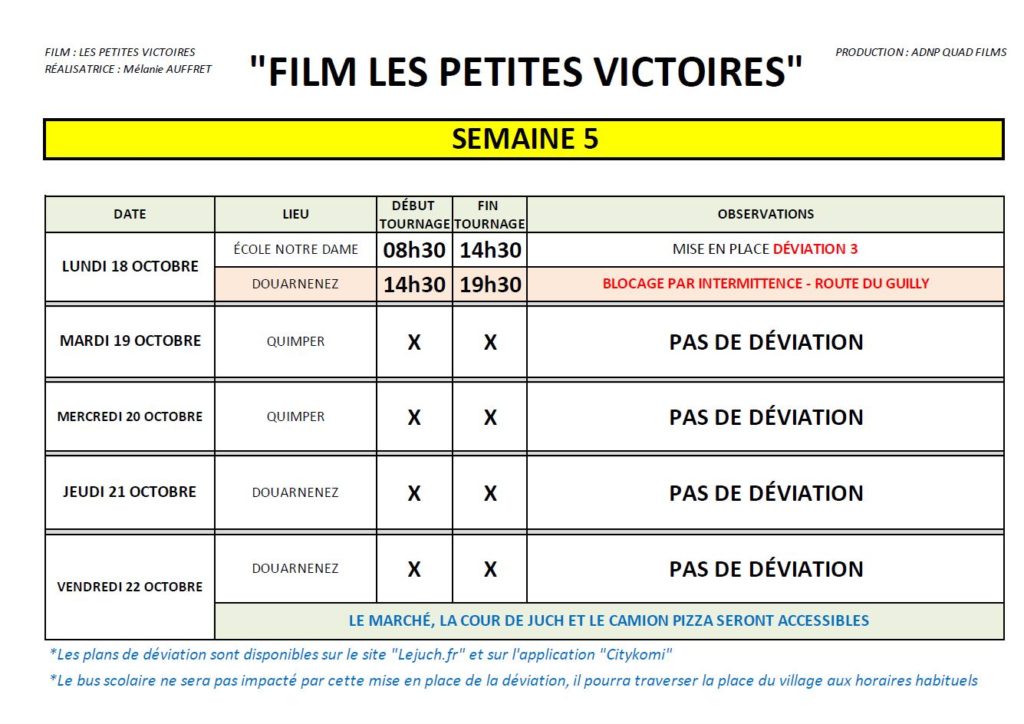 TOURNAGE SEMAINE DU 18 AU 22 OCTOBRE Commune Du Juch Le Juch